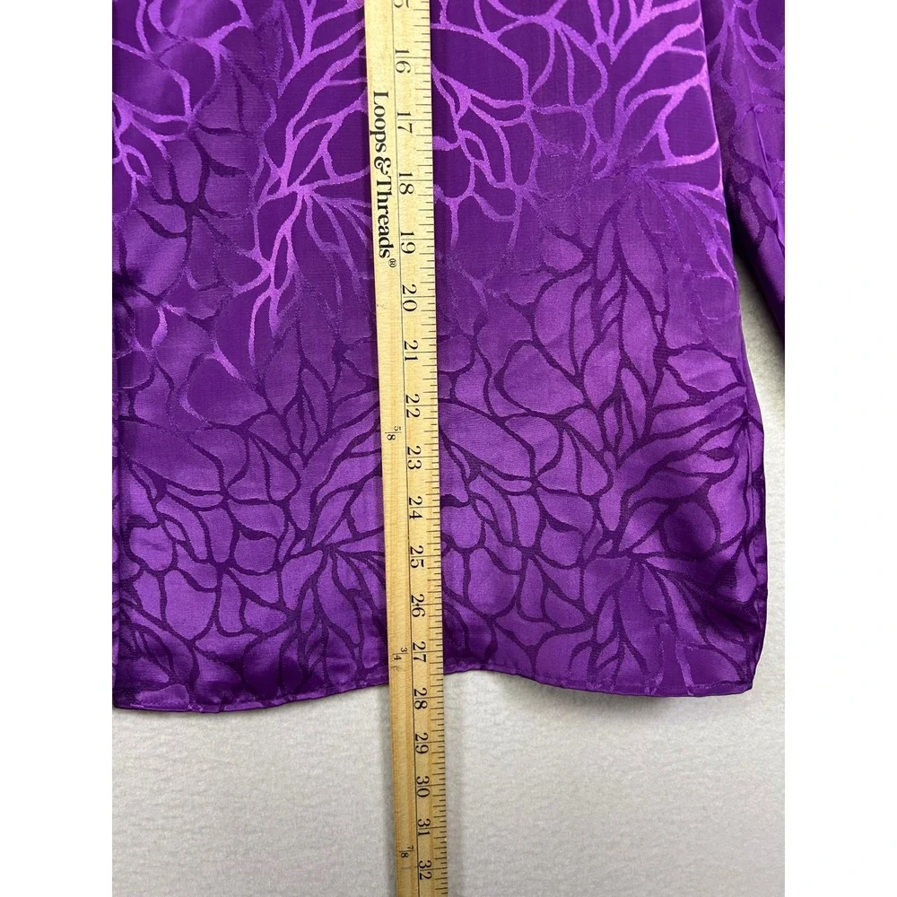 Vintage 80s Rhapsody Women 42 Purple Jacquard Floral Silky Button Up‎ Blouse Top